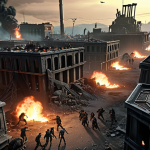 **Prompt 1:** A grim, post-apocalyptic cityscape at dusk, dominated by a makeshift, fortified survivor base in the foreground. Smoke rises from parts of the base, indicating recent activity or ongoing defense preparations. A vast, menacing horde of zombies swarms towards the base from the ruined streets in the background, their glowing eyes a terrifying sight. In the foreground, subtle elements of newly researched, advanced technology, perhaps a glowing energy barrier or an experimental turret, are being deployed by a determined group of survivors. The scene should convey a sense of urgent strategy, a desperate fight for survival, and the thrilling balance between chaos and technological advancement, capturing the "adrenalin rush" of the game.