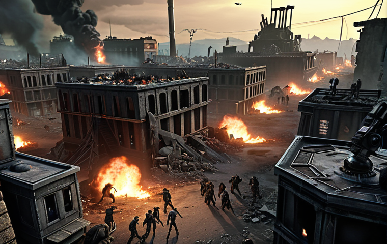 **Prompt 1:** A grim, post-apocalyptic cityscape at dusk, dominated by a makeshift, fortified survivor base in the foreground. Smoke rises from parts of the base, indicating recent activity or ongoing defense preparations. A vast, menacing horde of zombies swarms towards the base from the ruined streets in the background, their glowing eyes a terrifying sight. In the foreground, subtle elements of newly researched, advanced technology, perhaps a glowing energy barrier or an experimental turret, are being deployed by a determined group of survivors. The scene should convey a sense of urgent strategy, a desperate fight for survival, and the thrilling balance between chaos and technological advancement, capturing the "adrenalin rush" of the game.